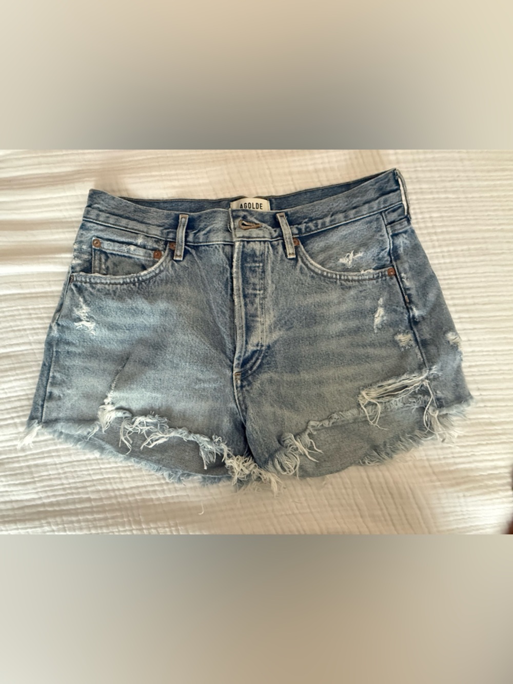 Agolde Light Wash Distressed Denim Jean Shorts